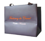 color print grain embossed with glossy uv chocolate shopping bag with woven tape handle 